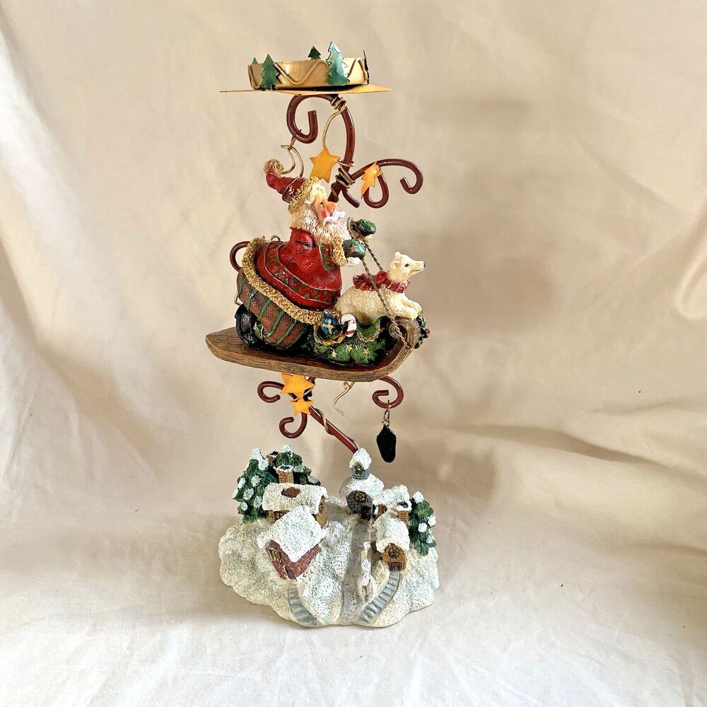 Flying Santa Christmas Village Candle Stick Sleigh Polar Bear, 10” Tall, Resin